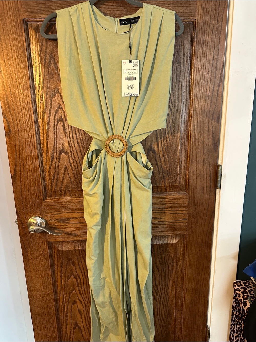 ZARA Light Sage Green Sleeveless Maxi Dress with Ring Belt